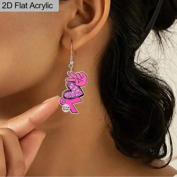 Breast Cancer Awareness Pink Heart Hand Gesture Earrings - Picture 3 of 4